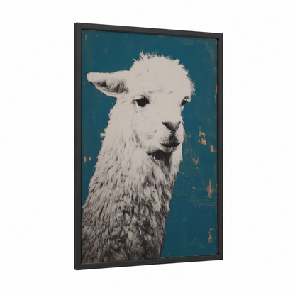 Snowy Alpaca Portrait framed art print — black wood frame — teal and white palette