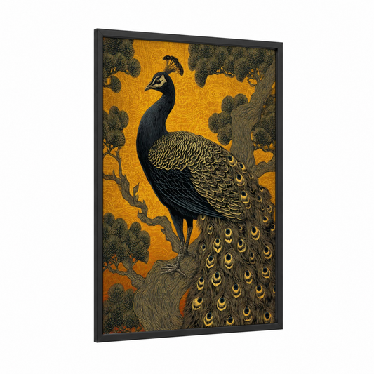 Golden Peacock framed camel print — black wood frame — gold and black palette
