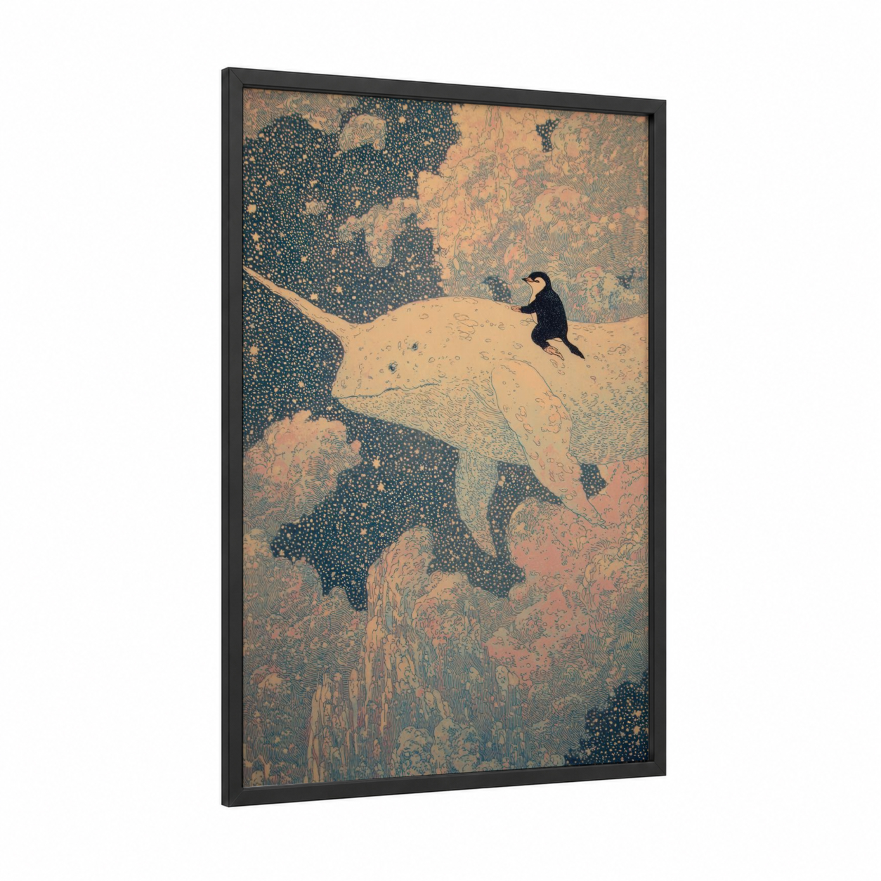 Contemplative Whale Rider framed penguin print — black wood frame — gold and dark blue palette