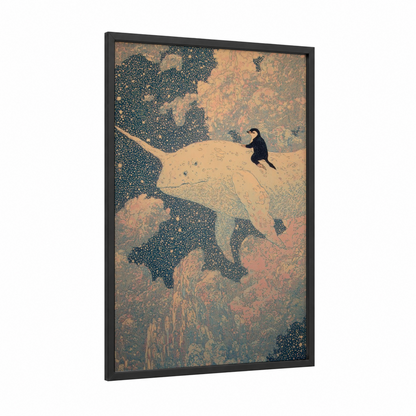 Contemplative Whale Rider framed penguin print — black wood frame — gold and dark blue palette