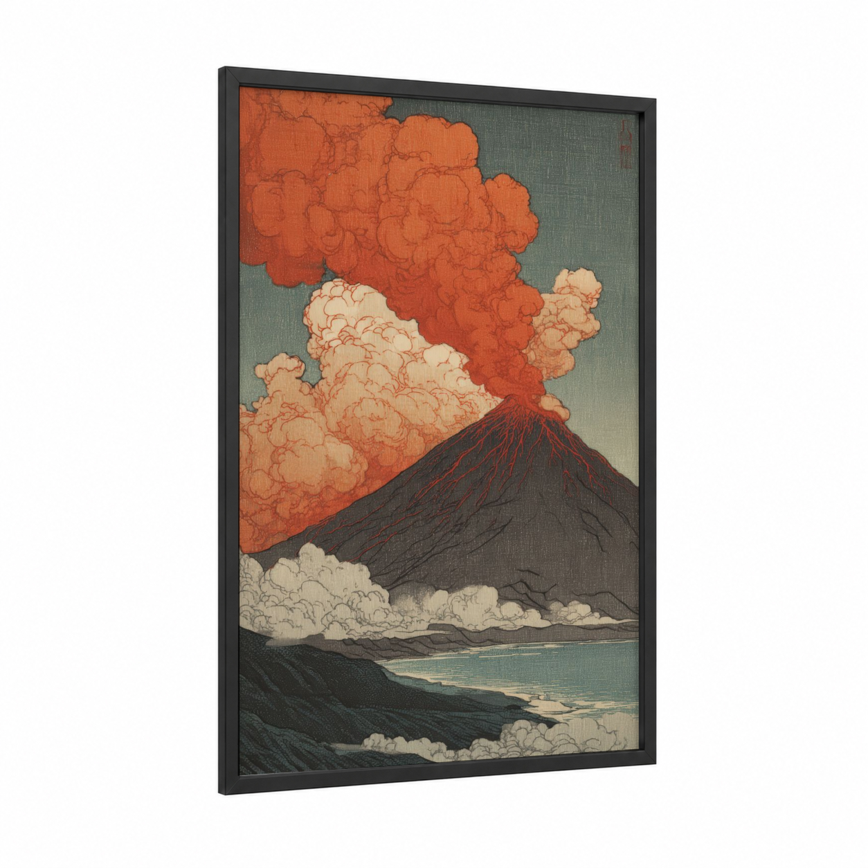 Crimson Volcano Eruption framed art print — black wood frame — pumpkin and teal palette