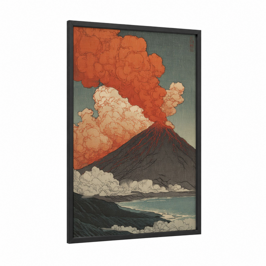 Crimson Volcano Eruption framed art print — black wood frame — pumpkin and teal palette