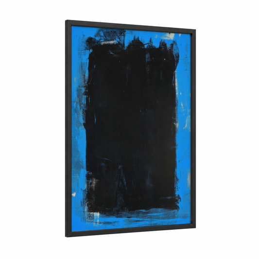 Midnight Tower framed abstract classic print — black wood frame — blue and black palette