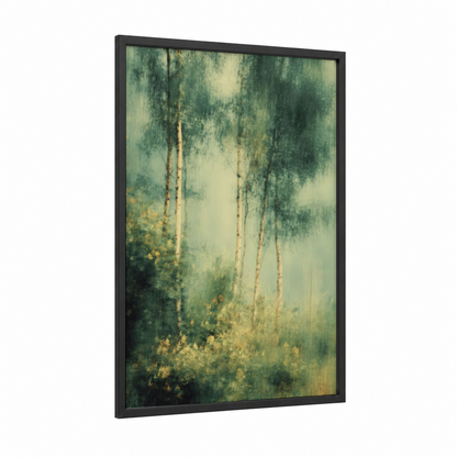 Misty Birch Forest framed art print — black wood frame — green and gold and white palette