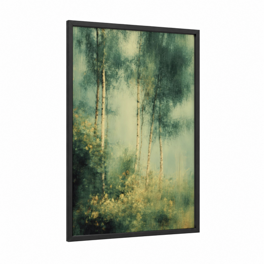 Misty Birch Forest framed art print — black wood frame — green and gold and white palette