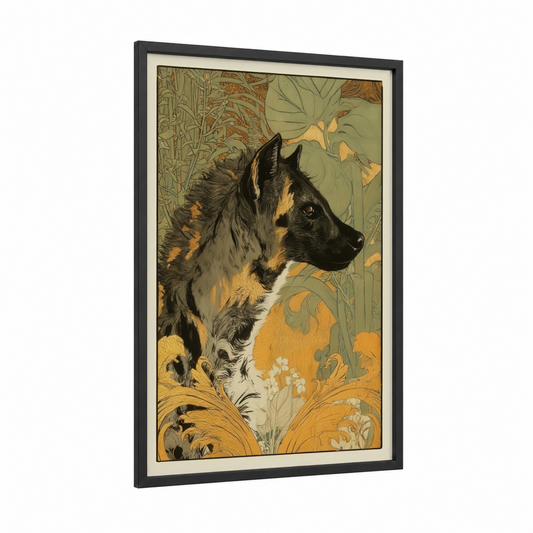 Golden Hyena framed art print — black wood frame — gold and sage green palette