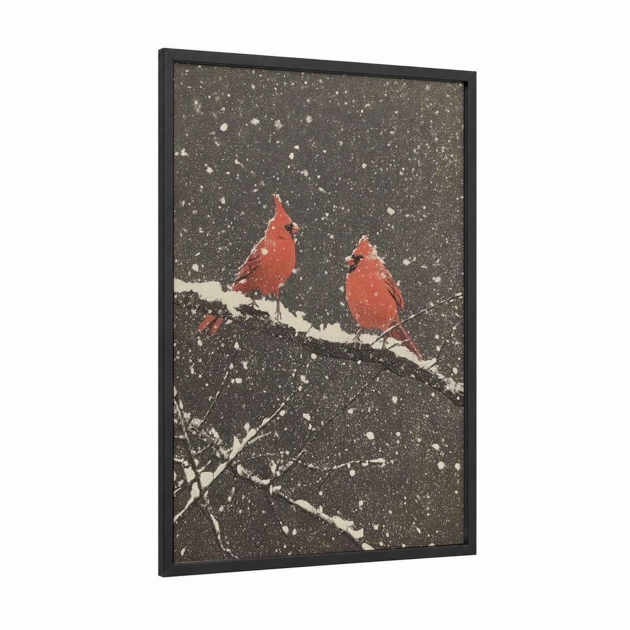 Snowy Cardinal Pair framed art print — black wood frame — red and black and white palette