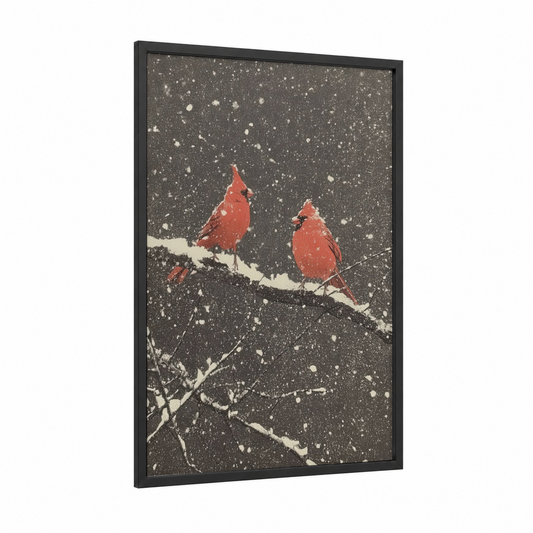 Snowy Cardinal Pair framed art print — black wood frame — red and black and white palette