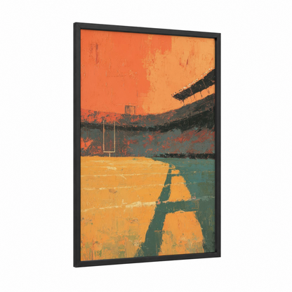 Stadium Sunset framed stadiums and fields print — black wood frame — orange and teal palette