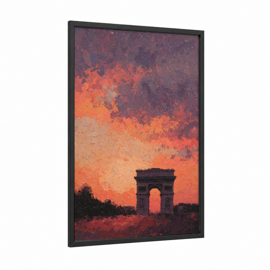 Crimson Triomphe framed arc de triomphe print — black wood frame — red and orange palette