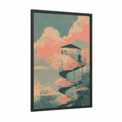 Spiral Tower Dreamscape framed towers print — black wood frame — peach and sage green palette