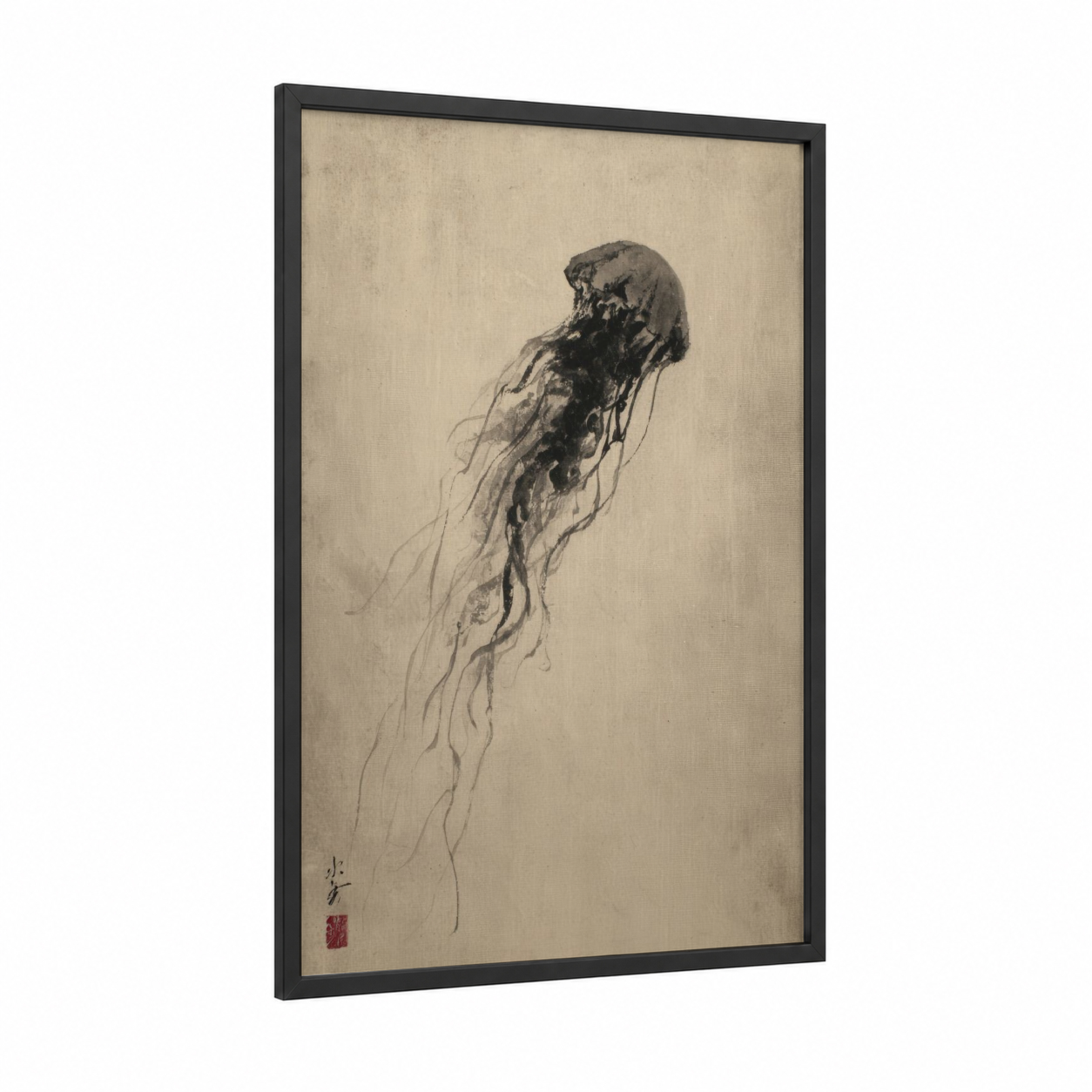 Floating Jellyfish framed art print — black wood frame — beige and black palette