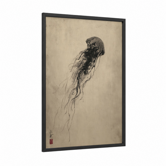 Floating Jellyfish framed art print — black wood frame — beige and black palette