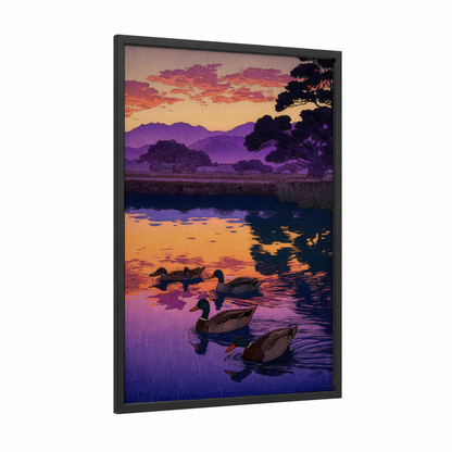Twilight Ducks framed art print — black wood frame — purple and gold palette