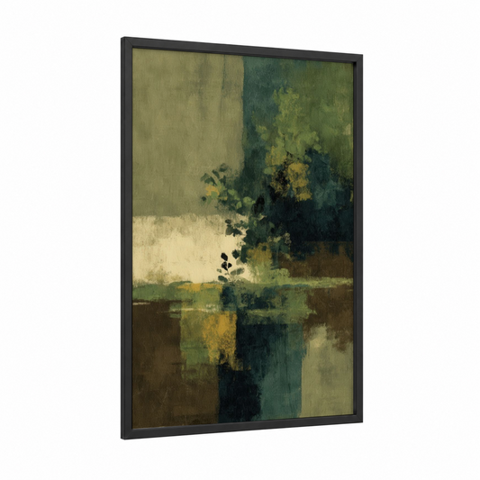 Olive Tree Abstraction framed art print — black wood frame — sage green and beige palette