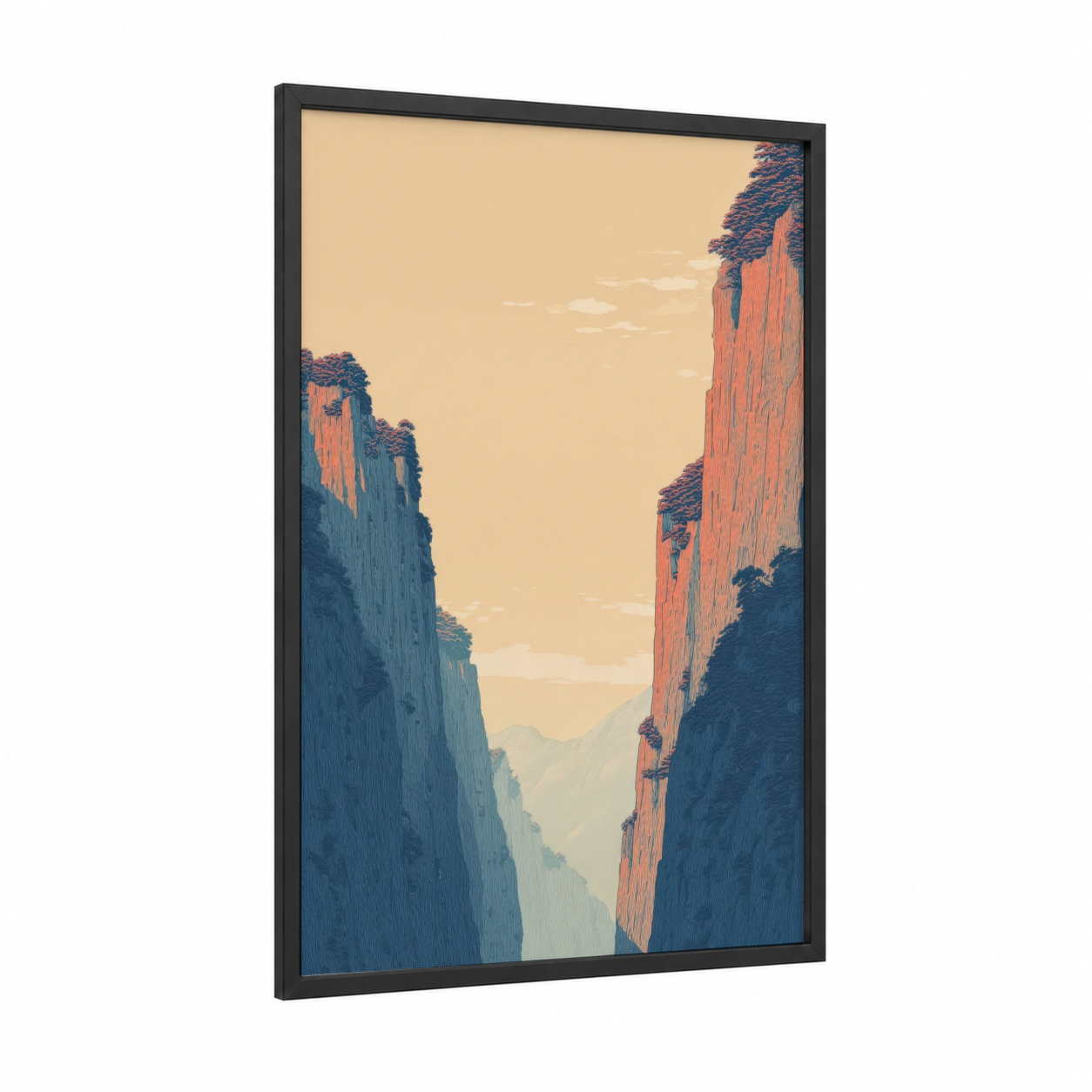 Crimson Canyon Vista framed art print — black wood frame — russet and dark blue palette
