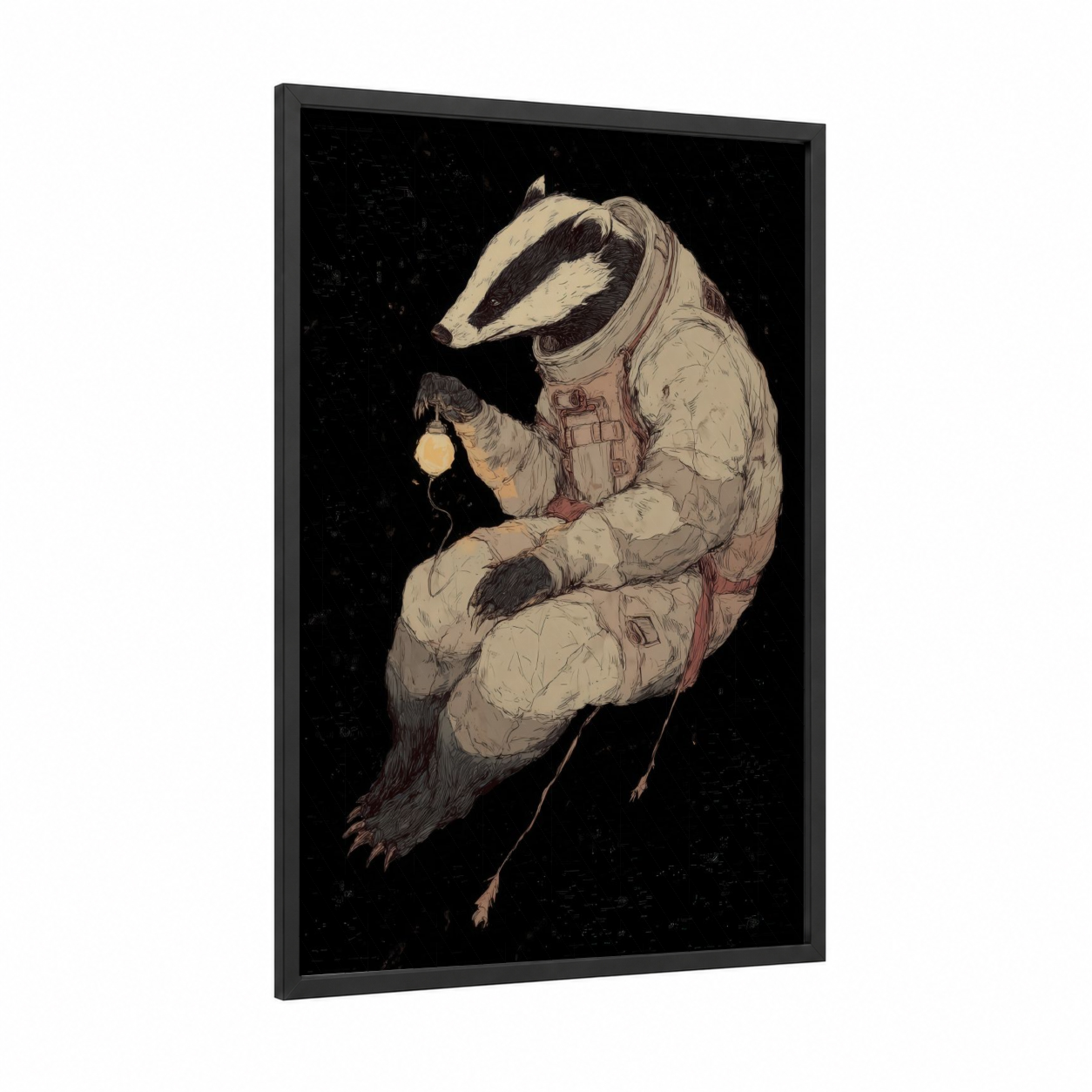 Cosmic Badger framed art print — black wood frame — cream and black palette