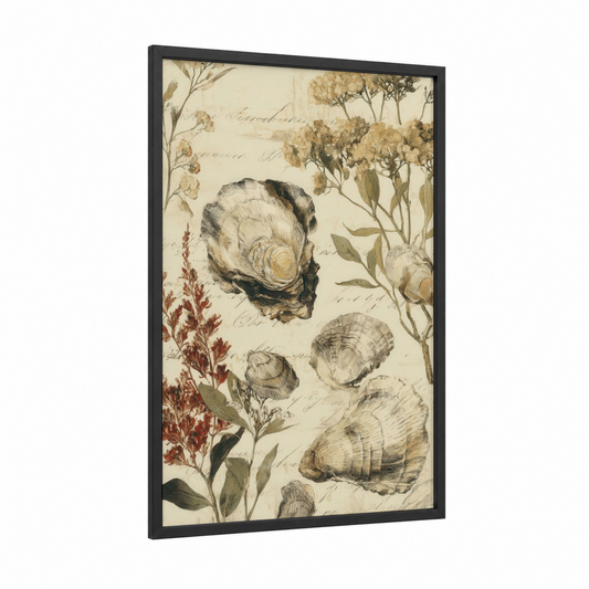 Vintage Oyster Study framed art print — black wood frame — cream and sage green palette
