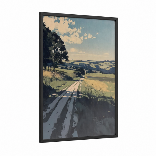 Countryside Road framed various landscapes print — black wood frame — sage green and blue and white palette