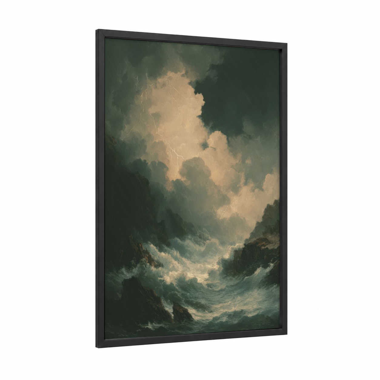 Tempest Sky framed storm print — black wood frame — gray and cream palette