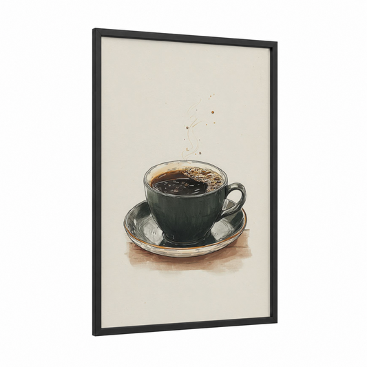 Steaming Coffee Cup framed art print — black wood frame — cream and brown palette