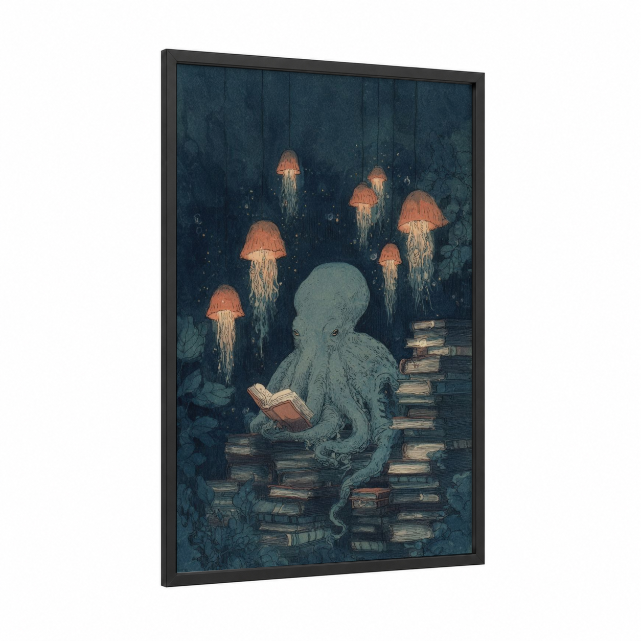 Scholarly Octopus framed art print — black wood frame — dark blue and salmon pink palette