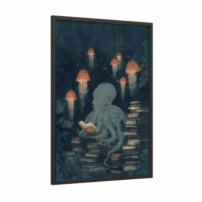 Scholarly Octopus framed art print — black wood frame — dark blue and salmon pink palette