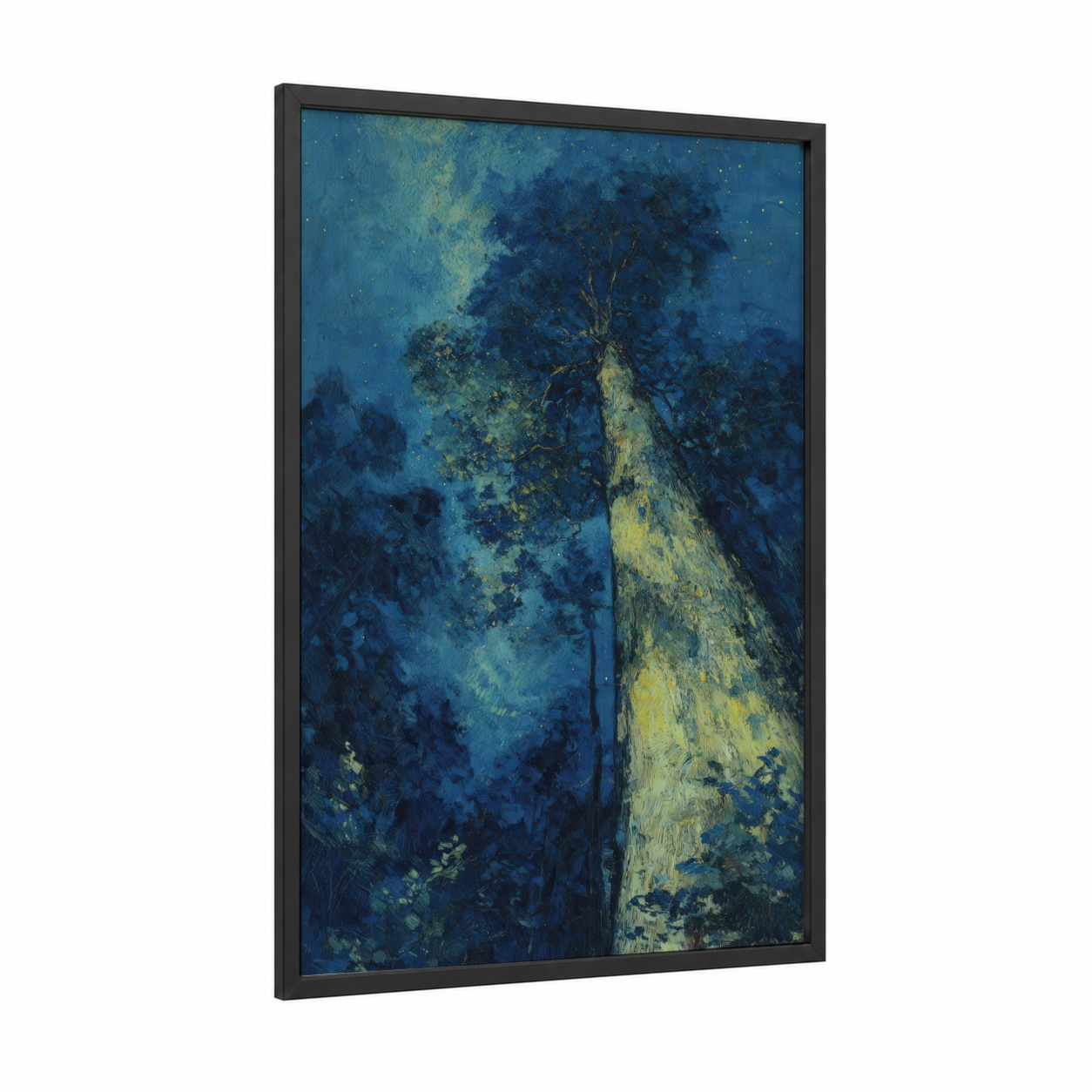 Celestial Kauri framed kauri tree print — black wood frame — dark blue and gold palette