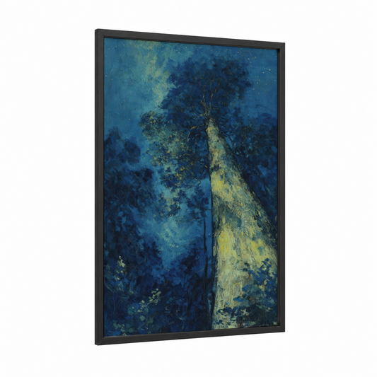 Celestial Kauri framed kauri tree print — black wood frame — dark blue and gold palette
