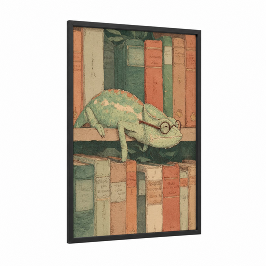 Curious Chameleon framed art print — black wood frame — green palette