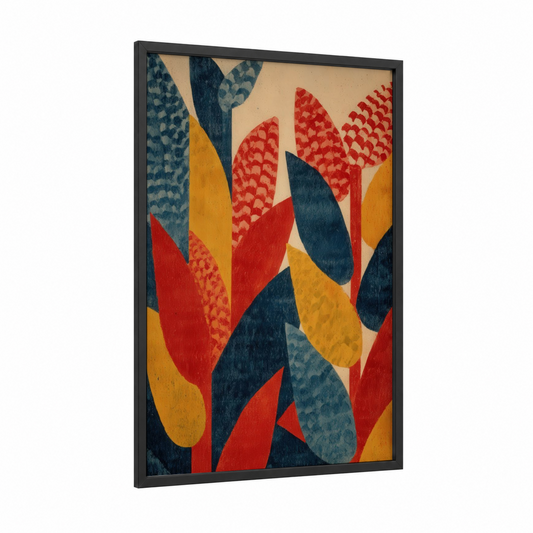 Harvest Geometry framed grain print — black wood frame — red and yellow gold palette