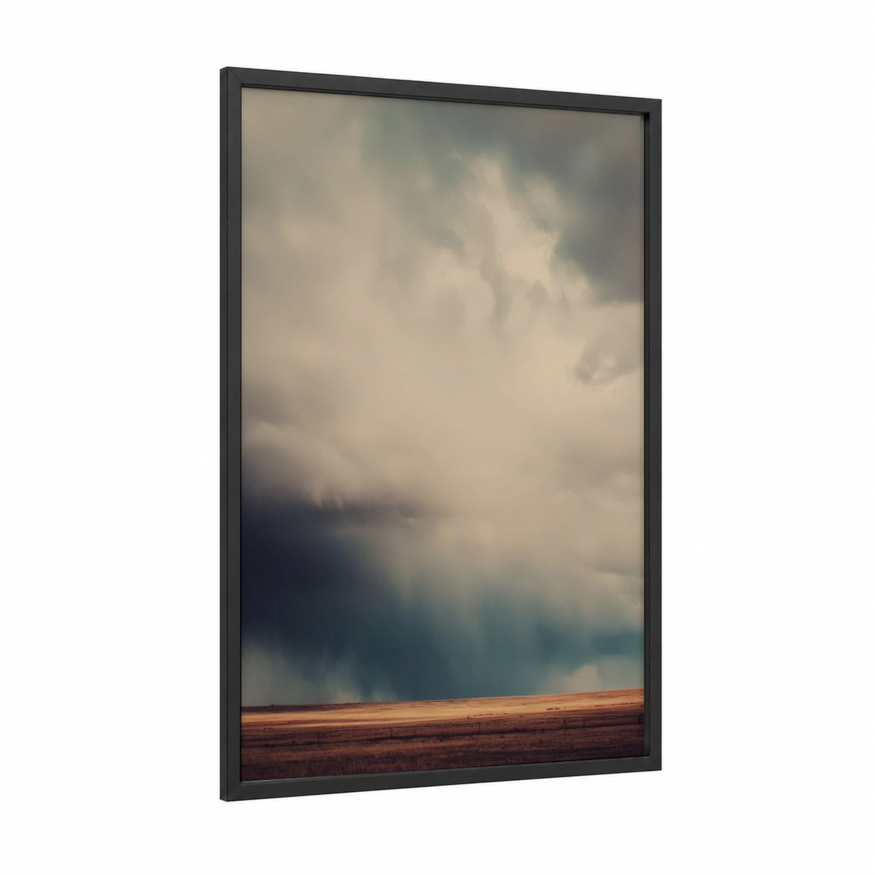 Prairie Storm framed art print — black wood frame — gray and cream palette