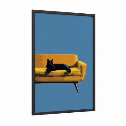 Yellow Sofa Cat framed art print — black wood frame — gold and blue palette