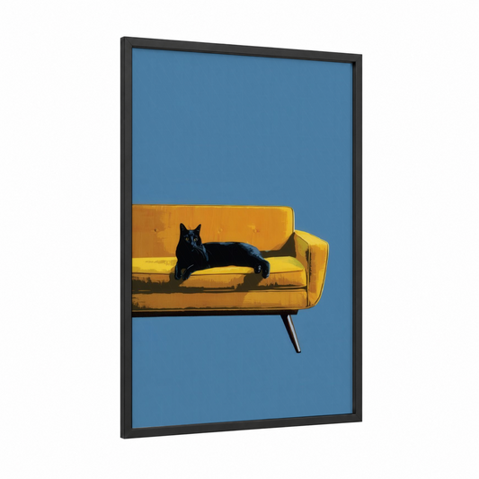 Yellow Sofa Cat framed art print — black wood frame — gold and blue palette