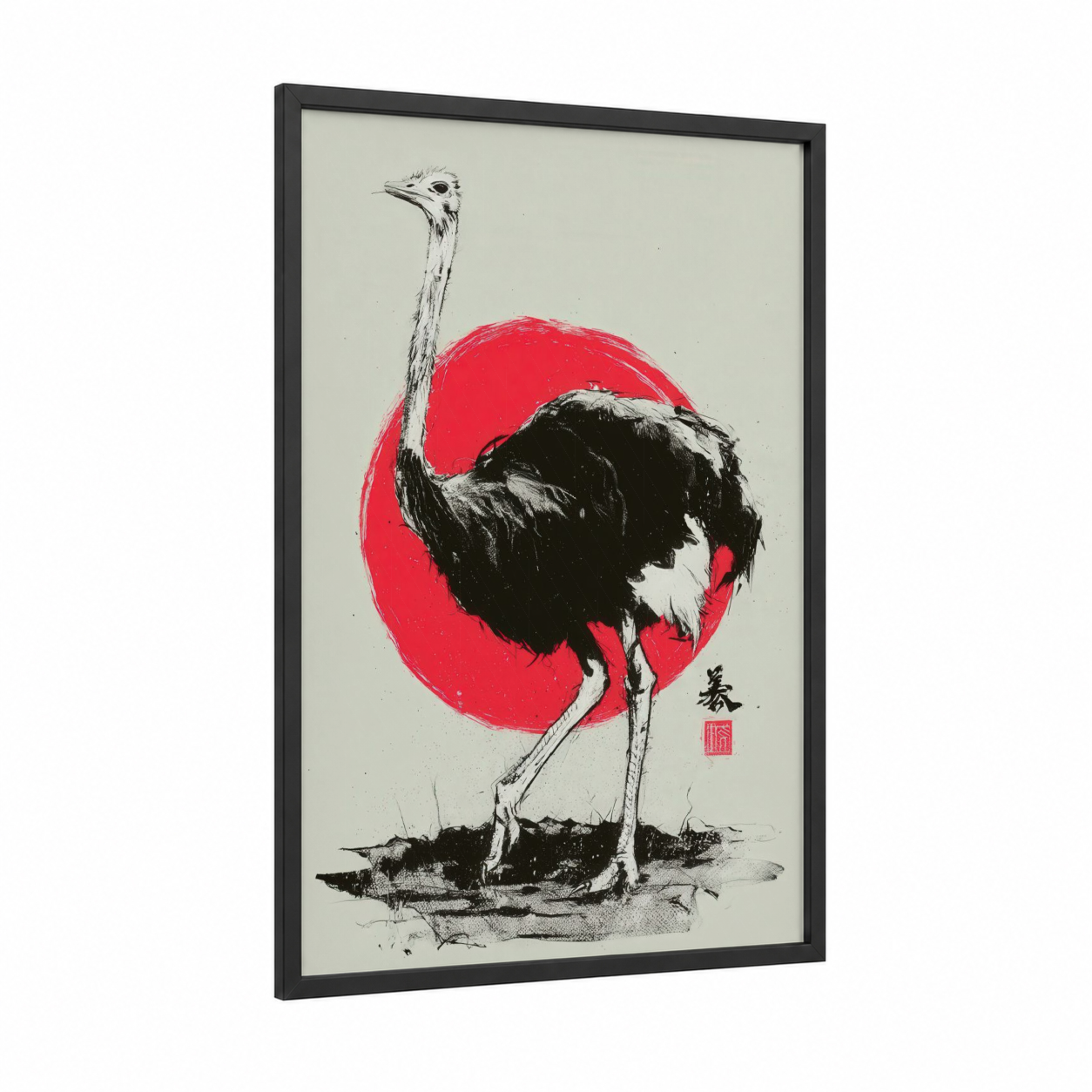 Red Sun Ostrich framed art print — black wood frame — red and black and white palette