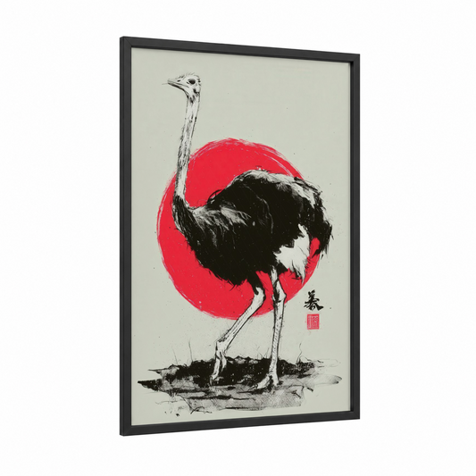 Red Sun Ostrich framed art print — black wood frame — red and black and white palette
