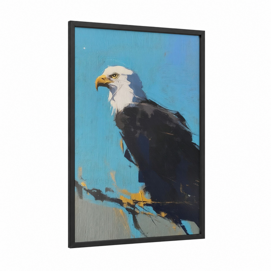 Perched Eagle framed art print — black wood frame — blue and gold palette