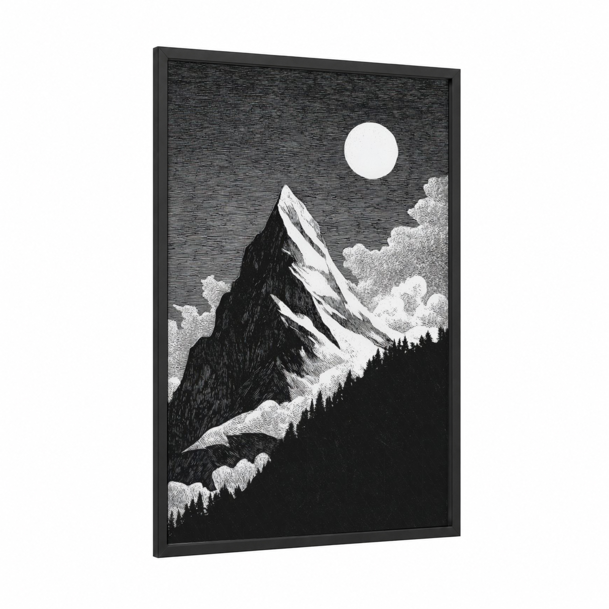 Moonlit Mountain Peak framed night sky print — black wood frame — black and white palette
