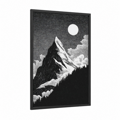 Moonlit Mountain Peak framed night sky print — black wood frame — black and white palette