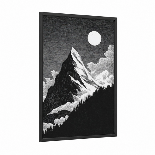 Moonlit Mountain Peak framed night sky print — black wood frame — black and white palette