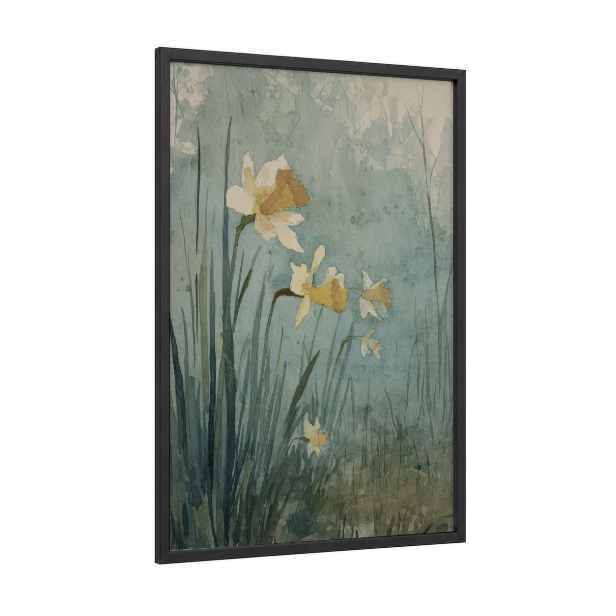 Spring Daffodils framed art print — black wood frame — sage green and gold palette