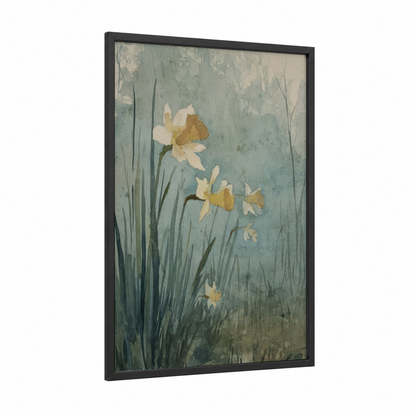 Spring Daffodils framed art print — black wood frame — sage green and gold palette