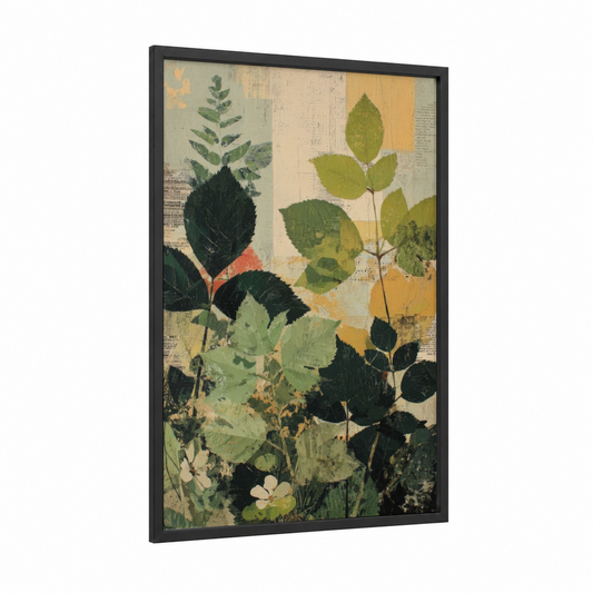 Botanical Collage framed leaf print — black wood frame — dark green and cream palette
