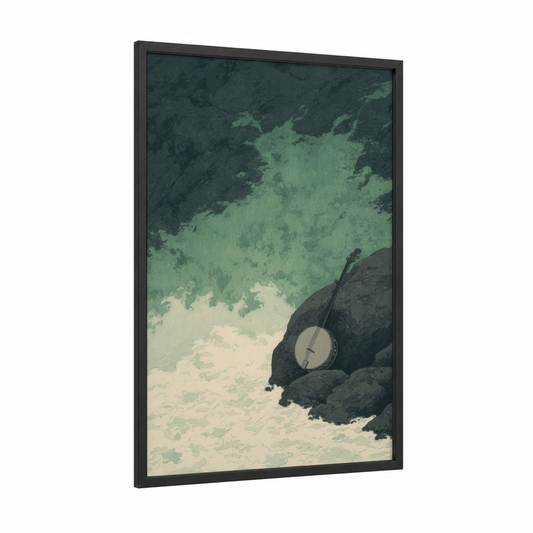 Coastal Banjo framed art print — black wood frame — sage green and cream palette