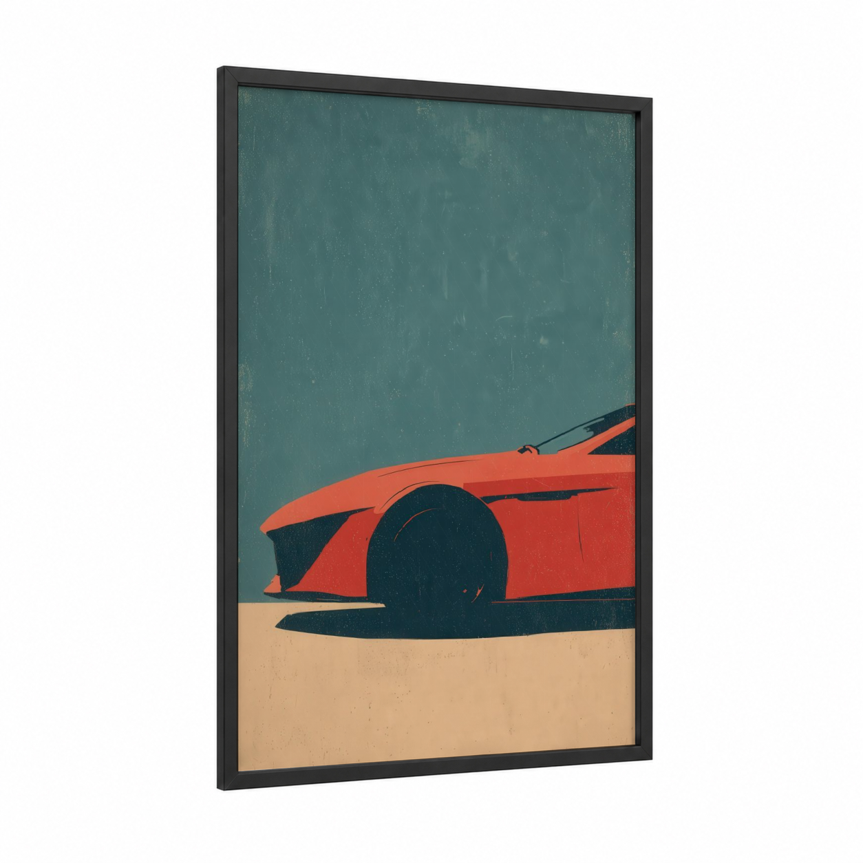 Crimson Speed framed sports car print — black wood frame — red and teal palette