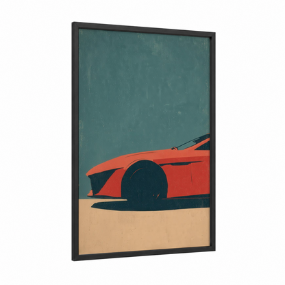 Crimson Speed framed sports car print — black wood frame — red and teal palette