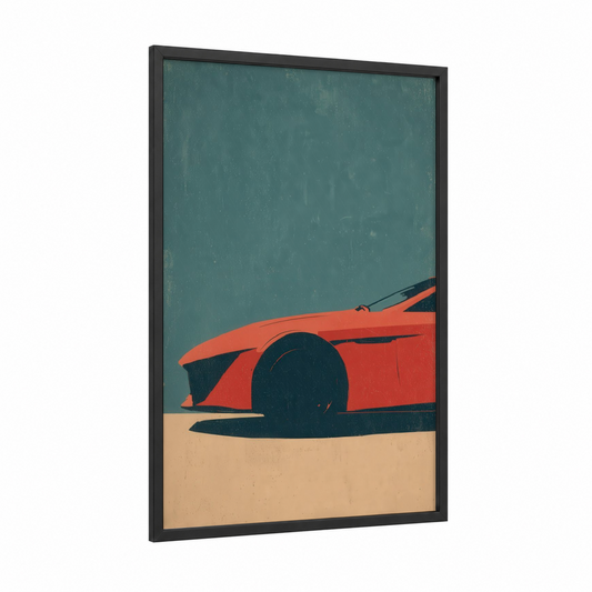 Crimson Speed framed sports car print — black wood frame — red and teal palette