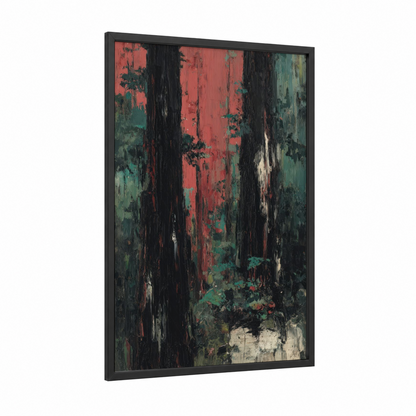 Crimson Redwood Forest framed redwood tree print — black wood frame — maroon and dark green palette