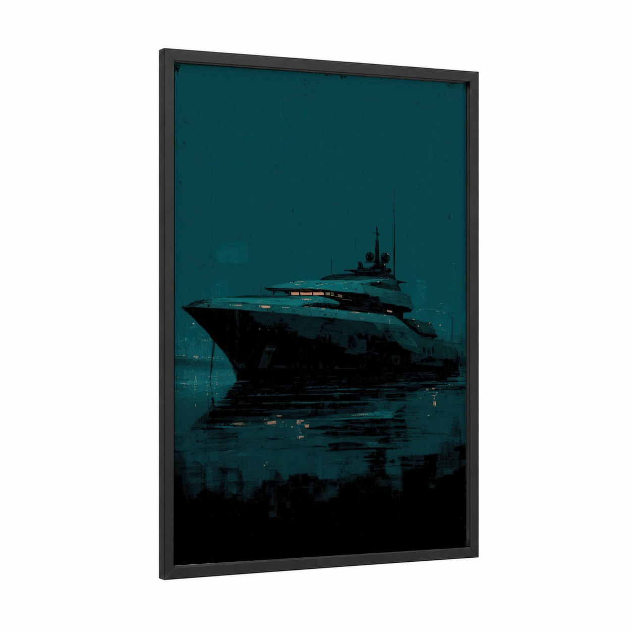 Midnight Yacht framed yacth print — black wood frame — teal and black palette