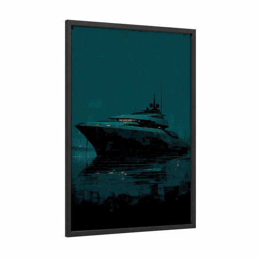 Midnight Yacht framed yacth print — black wood frame — teal and black palette